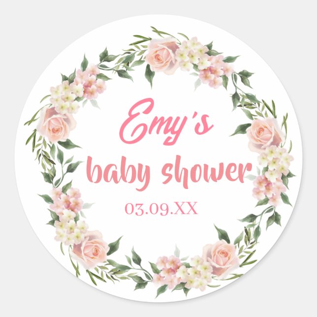 pink floral in bloom baby  shower girl  classic round sticker (Front)