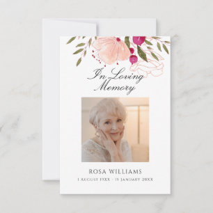 Pink Floral In Loving Memory Funeral Prayer Card