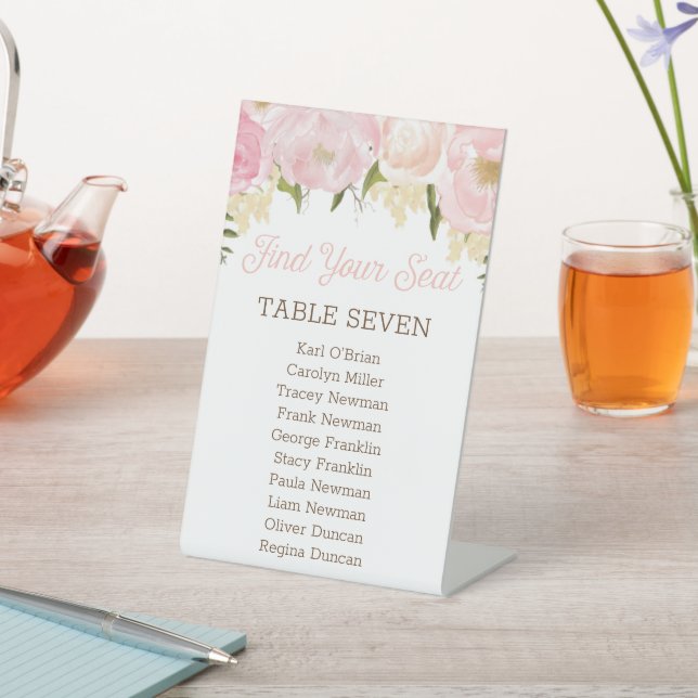 Pink Floral Individual Seating Chart Table Numbers Pedestal Sign (In SItu)
