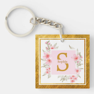 Pink Floral Initial   Elegant Blossom Monogram Key Ring