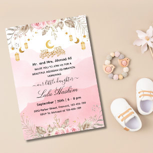 Pink Floral Islamic baby girl Aqiqa Aqeeqa  Invitation
