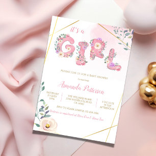 Pink floral its A girl watercolor baby shower Invitation