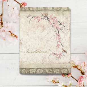 pink floral japanese cherry blossom spring wedding invitation