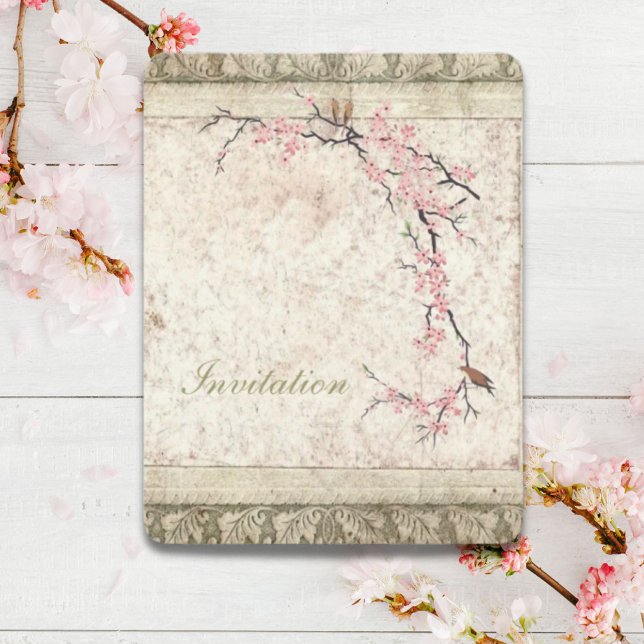 pink floral japanese cherry blossom spring wedding invitation (pink floral japanese cherry blossom spring wedding invitation)