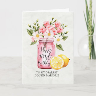 Pink Floral Jar Cousin 101st Birthday Greeting Card