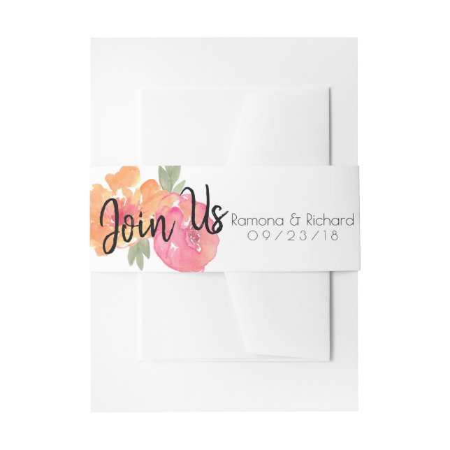 Pink Floral Join Us Wedding flower Belly Band Invitation Belly Band (Front Example)
