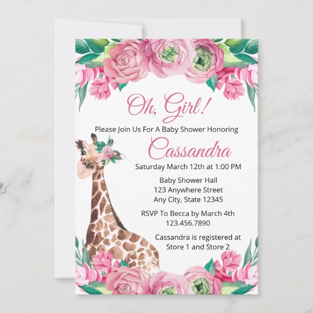 Pink Floral Jungle Animal Giraffe Girl Baby Shower Invitation (Front)