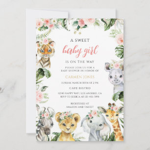 Pink Floral Jungle Girl Safari Baby Shower Invitation