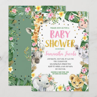 Pink Floral Jungle Safari Animals Baby Shower Invitation