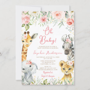 Pink Floral Jungle Safari Animals Girl Baby Shower Invitation