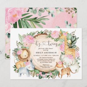 Pink Floral Jungle Safari Animals Twin Girls Baby Invitation