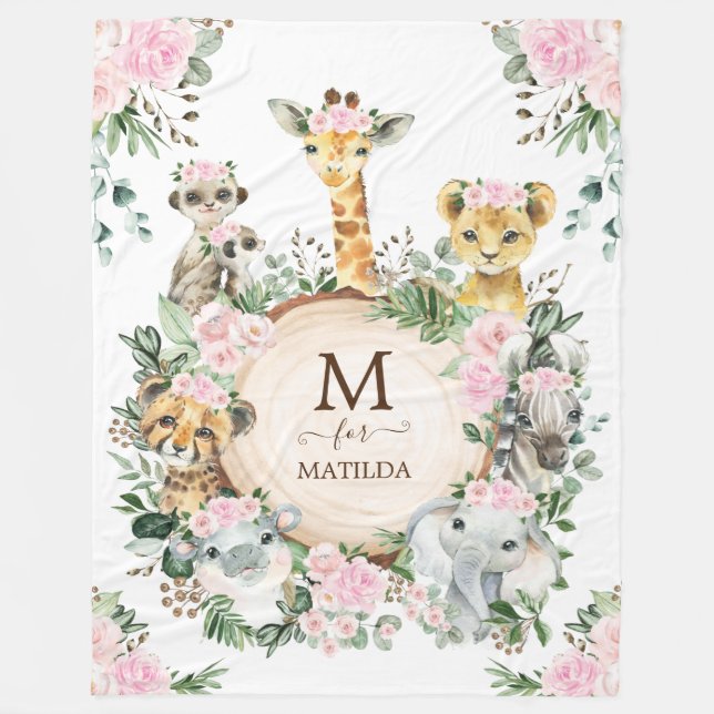 Pink Floral Jungle Safari Wild Animals Baby Girl Fleece Blanket (Front)