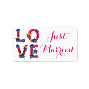 Pink Floral Just Married Love Wedding Announcement Label