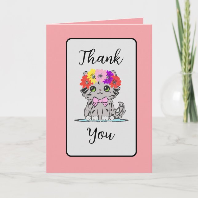 Pink Floral Kitty Folded Thank You Card (Front)
