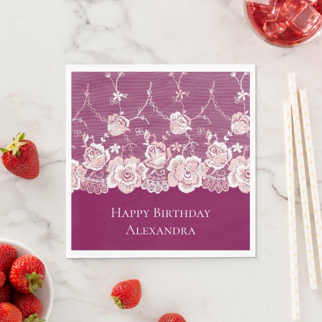 Pink Floral Lace Birthday Napkin (Insitu)