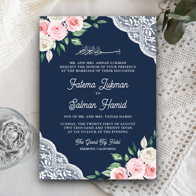 Pink Floral Lace Navy Blue QR Code Muslim Wedding Invitation (Creator Uploaded)