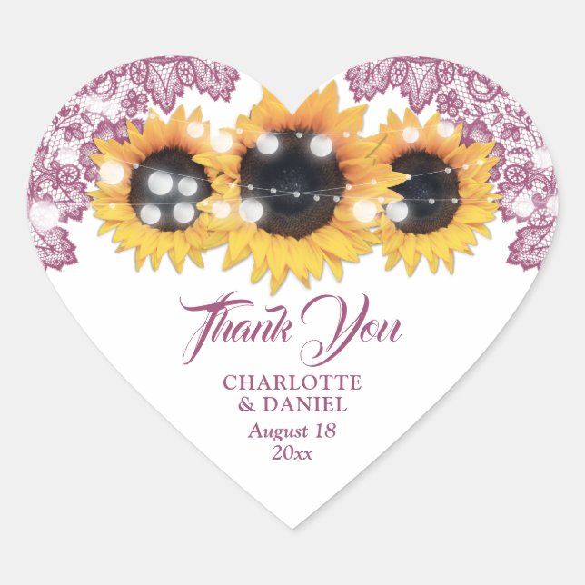 Pink Floral Lace Sunflower Wedding Heart Sticker (Front)