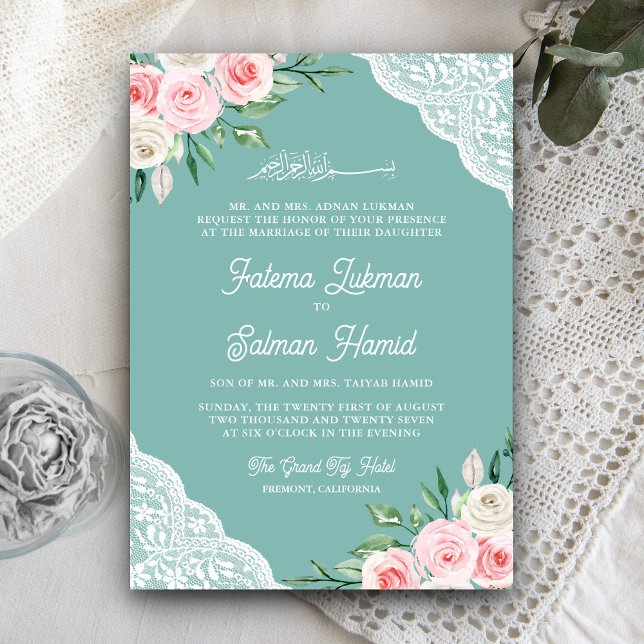 Pink Floral Lace Teal Mint QR Code Muslim Wedding Invitation (Creator Uploaded)