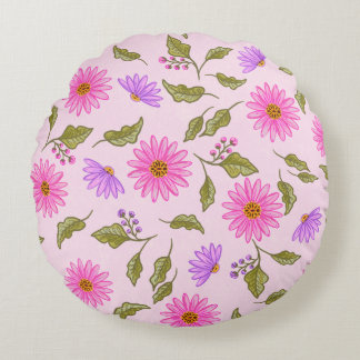 Pink Floral Lacy Daisy Round Pillow
