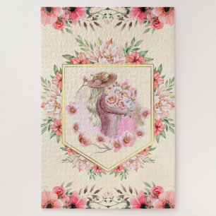 Pink Floral Lady, Spring Artwork Jigsaw Puzzle