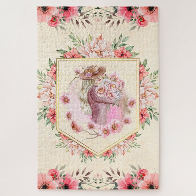 Pink Floral Lady, Spring Artwork Jigsaw Puzzle (Vertical)