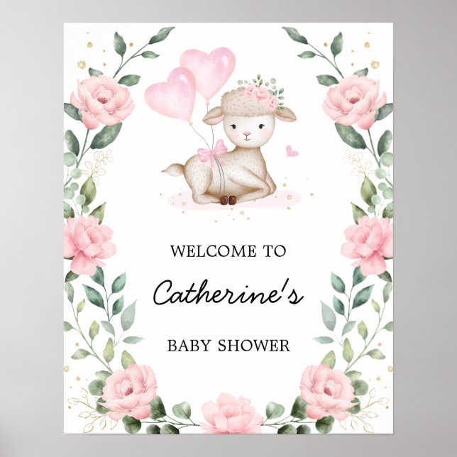 Pink Floral Lamb Easter Girl Baby Shower Welcome Poster (Front)