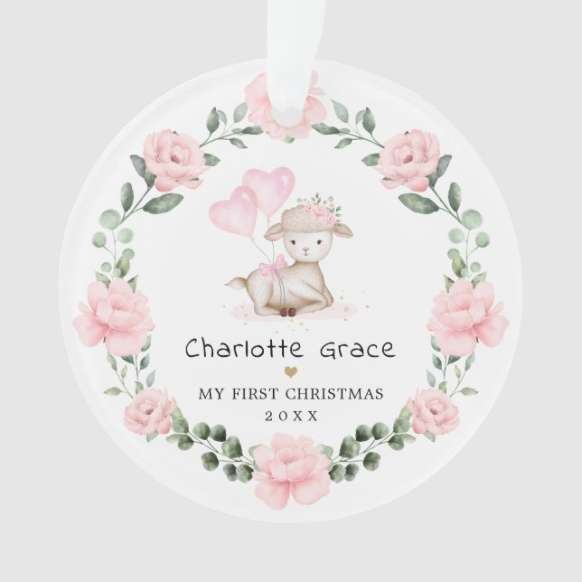 Pink Floral Lamb Wreath Baby Girl 1st Christmas Ornament (Front)