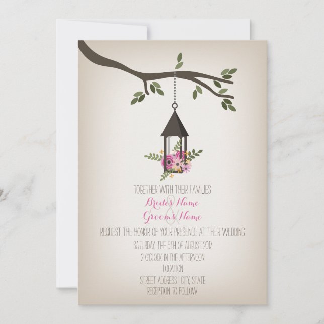 Pink Floral Lantern Tree Wedding Invitation (Front)