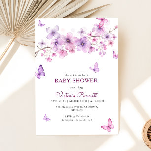 Pink Floral Lavender Butterfly Girl Baby Shower Invitation