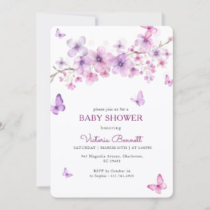 Pink Floral Lavender Butterfly Girl Baby Shower Invitation