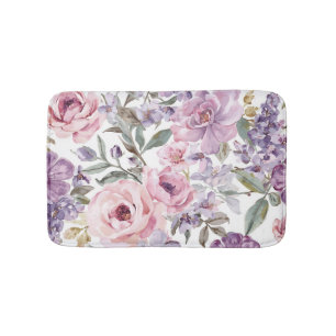 Pink Floral Lavender Rose Watercolor Purple Flower Bath Mat