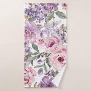 Pink Floral Lavender Rose Watercolor Purple Flower Bath Towel