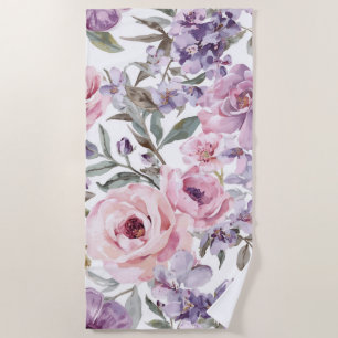 Pink Floral Lavender Rose Watercolor Purple Flower Beach Towel