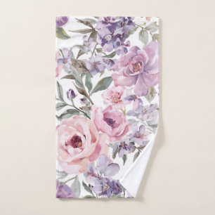 Pink Floral Lavender Rose Watercolor Purple Flower Hand Towel