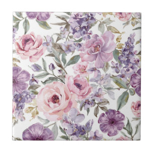 Pink Floral Lavender Rose Watercolor Purple Flower Tile