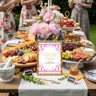 Pink floral leaves "Grazing Table"  Sign Invitation