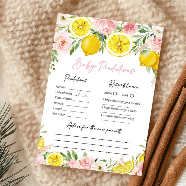 Pink Floral Lemon Baby Predictions Game (Summer Lemon Citrus Baby Shower Baby Predictions Game)