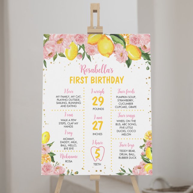 Pink Floral Lemon Girl 1st Birthday Milestone Sign (Creator Uploaded)