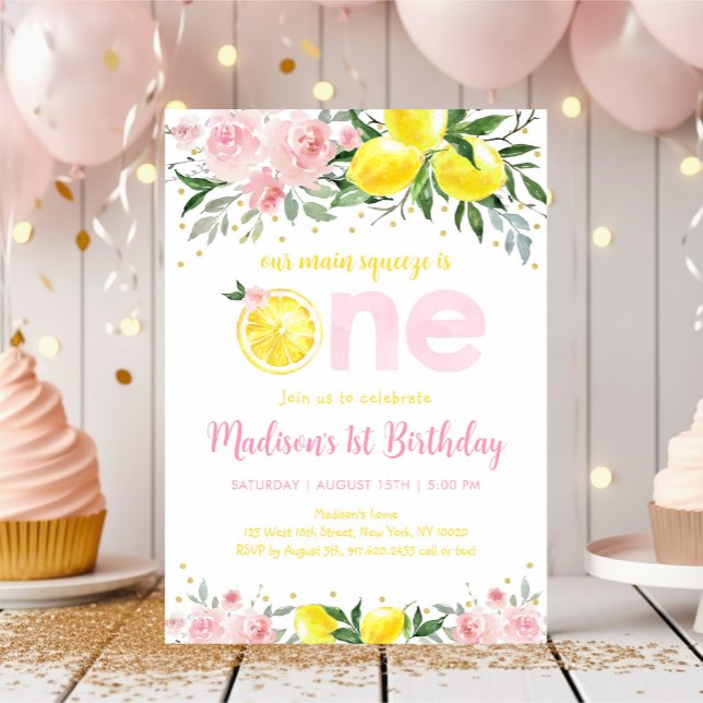 Pink Floral Lemon Main Squeeze First Birthday Invitation (Creator Uploaded)