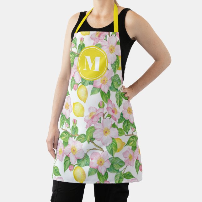 Pink Floral Lemon Pattern Monogram Apron (Insitu)