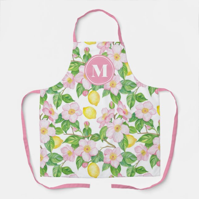 Pink Floral Lemon Pattern Monogram Apron (Front)