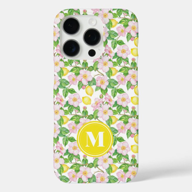 Pink Floral Lemon Pattern Monogram Case-Mate iPhone Case (Back)