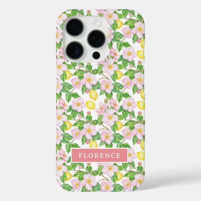 Pink Floral Lemon Pattern Monogram Case-Mate iPhone Case (Back)