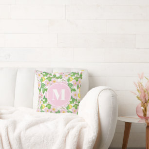 Pink Floral Lemon Pattern Monogram Cushion