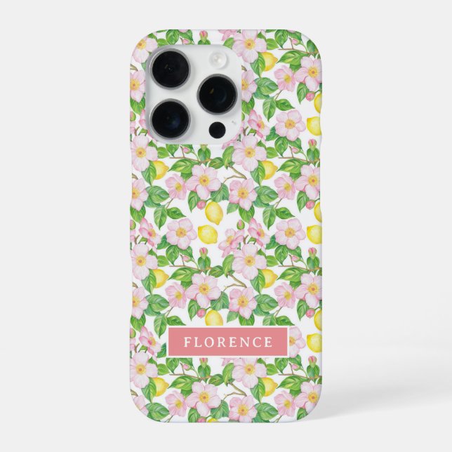 Pink Floral Lemon Pattern Monogram iPhone Case (Back)