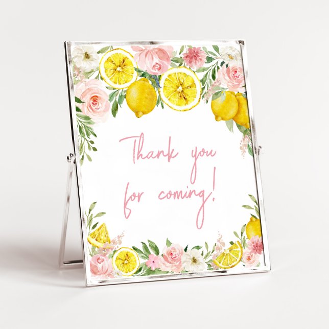 Pink Floral Lemon Thank You for Coming Poster (Summer Lemon Citrus Baby Shower Thank You for Coming Sign)