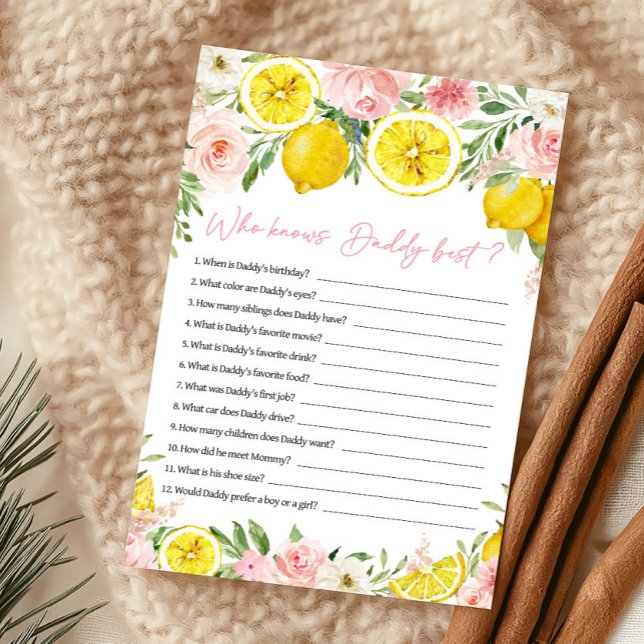 Pink Floral Lemon Who Knows Daddy Best Game (Summer Lemon Citrus Baby Shower Who Knows Daddy Best Game)