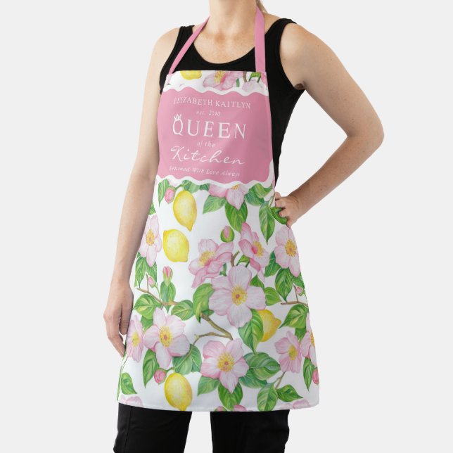 Pink Floral Lemons Citrus Queen of the Kitchen Apron (Insitu)