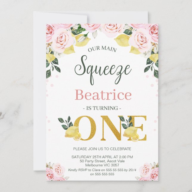 Pink Floral Lemons Our Main Squeeze 1st Birthday Invitation (Front)