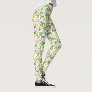 Pink Floral Lemons Pattern Leggings